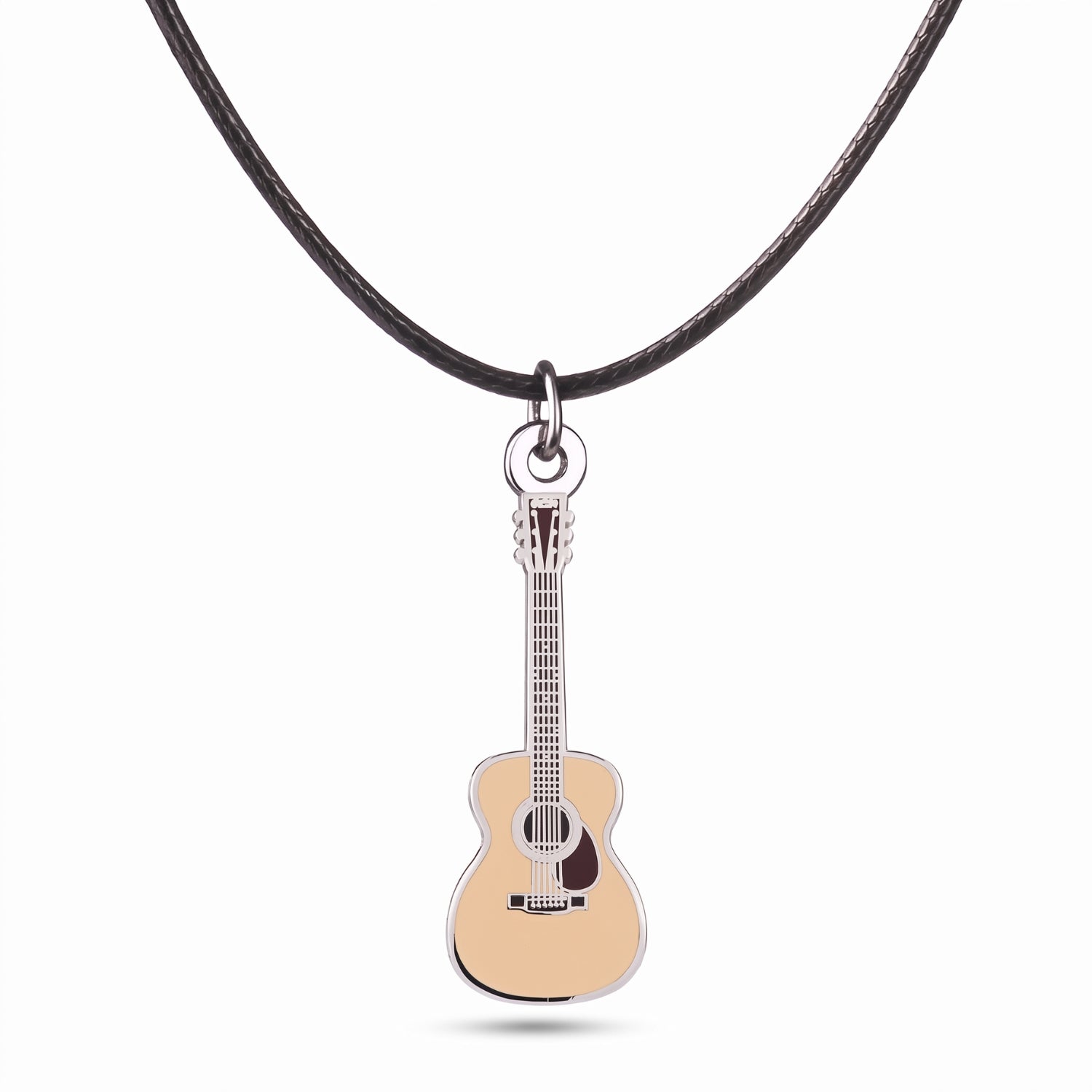 Martin-style Acoustic Guitar Necklace – 40mm Guitar Pendant with 46cm Black Faux Leather Cord