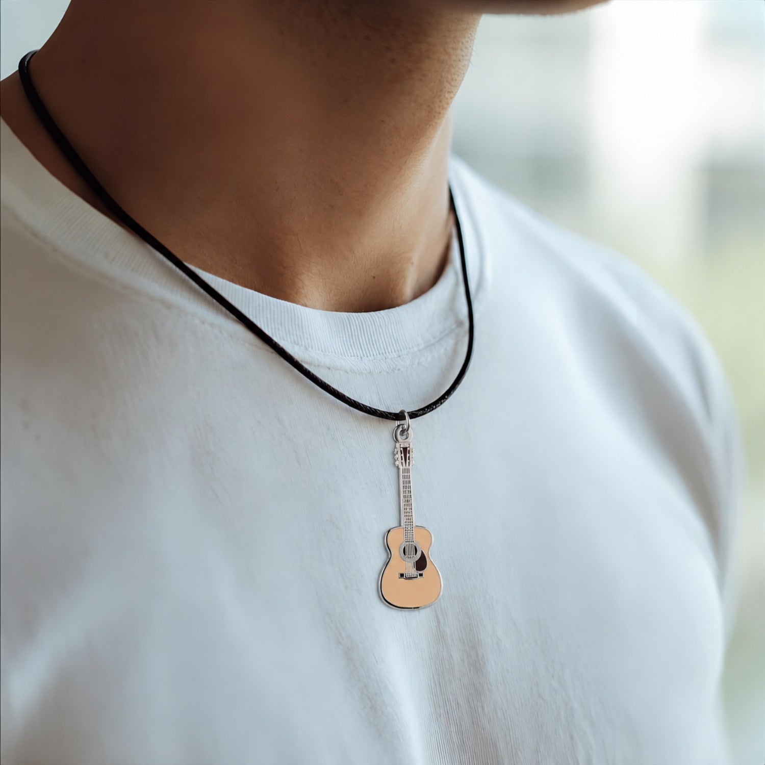 Martin-style Acoustic Guitar Necklace – 40mm Guitar Pendant with 46cm Black Faux Leather Cord