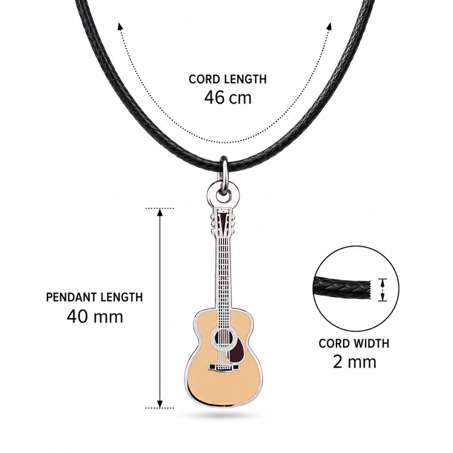 Martin-style Acoustic Guitar Necklace – 40mm Guitar Pendant with 46cm Black Faux Leather Cord