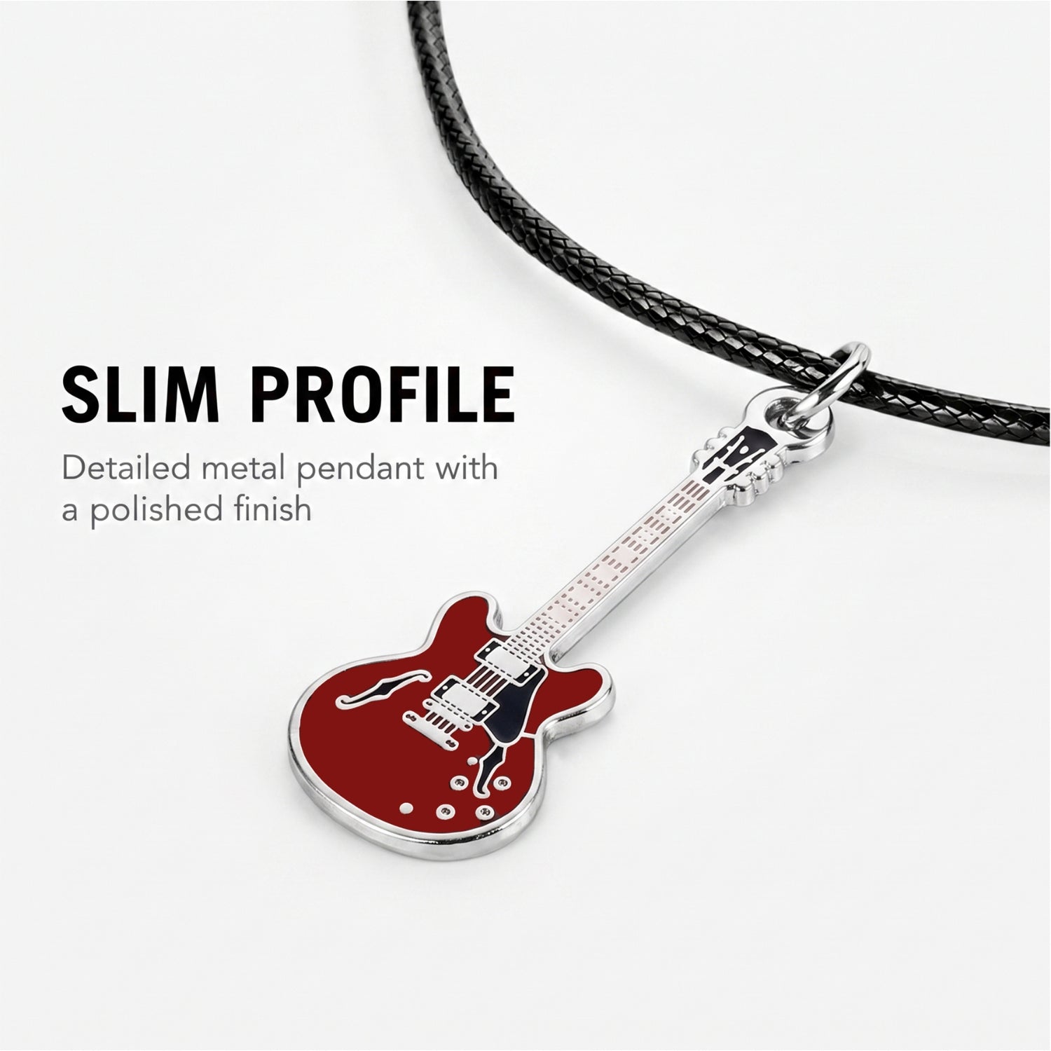 335-Style Guitar Necklace – 40mm Guitar Pendant with 46cm Black Faux Leather Cord