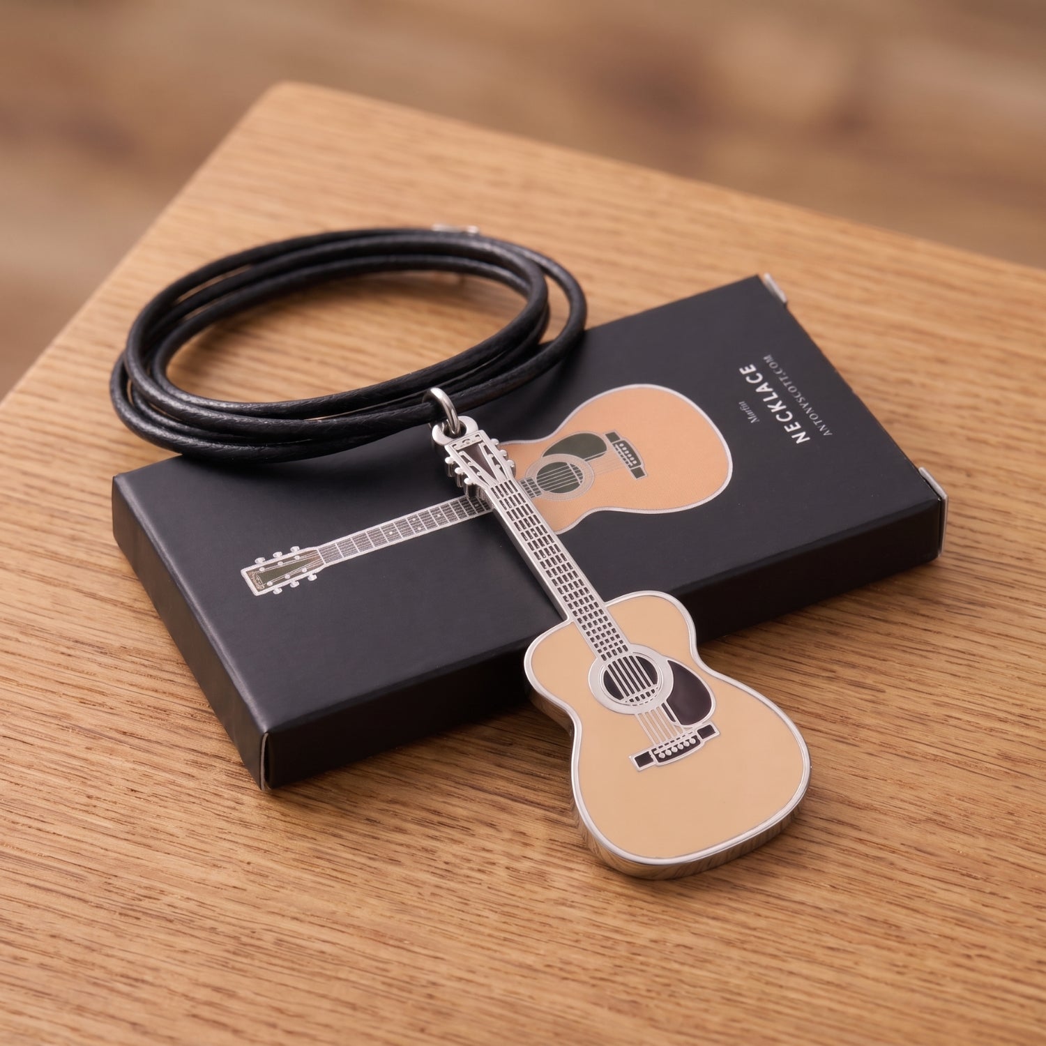 Martin-style Acoustic Guitar Necklace – 40mm Guitar Pendant with 46cm Black Faux Leather Cord