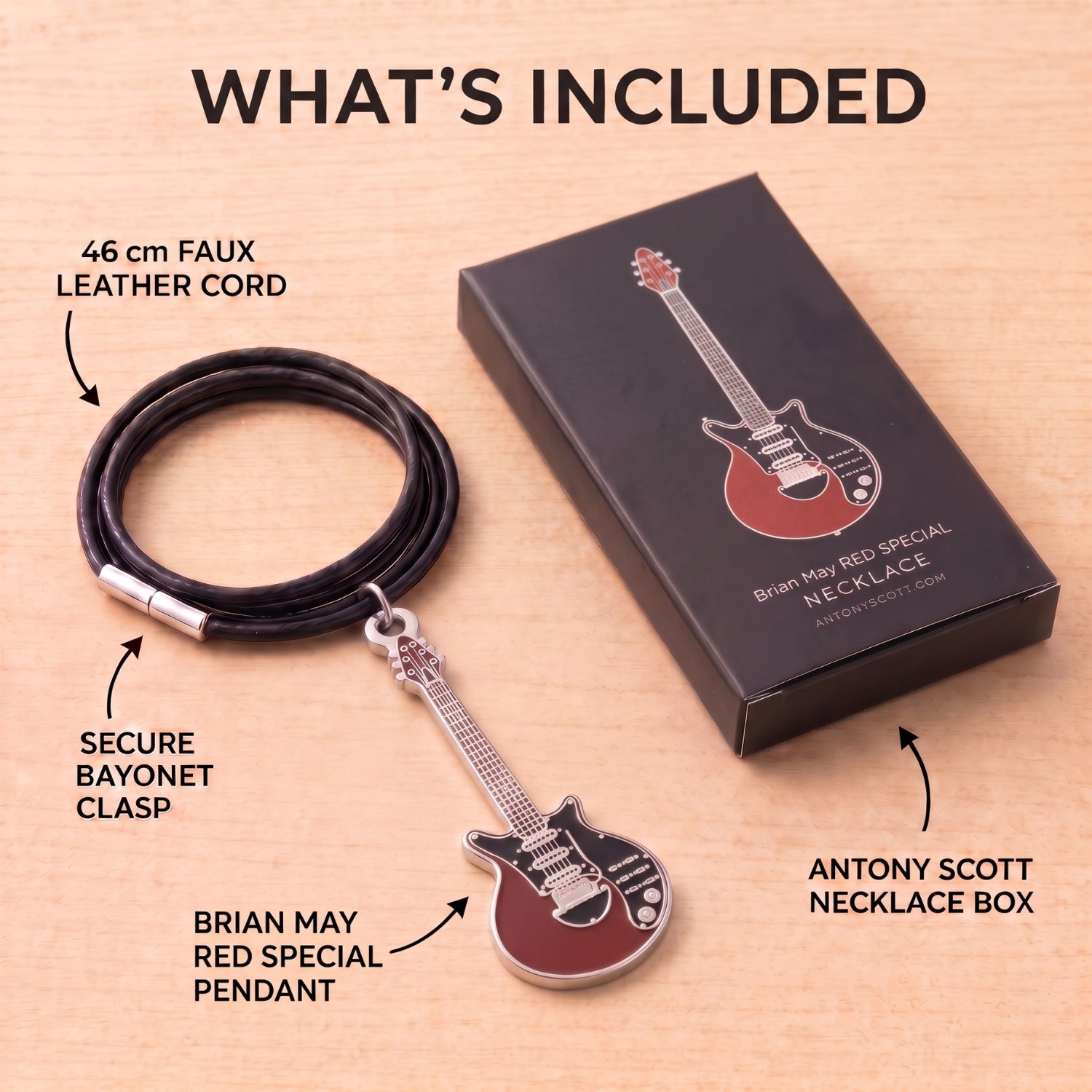 Brian May "Red-Special" Guitar Necklace – 40mm Guitar Pendant with 46cm Black Faux Leather Cord