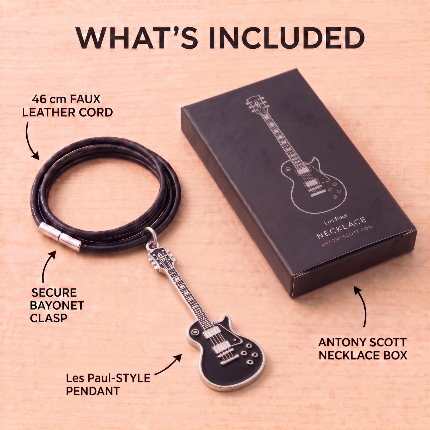 Black Les Paul-Style Guitar Necklace – Electric Guitar Pendant with 46cm Faux Leather Cord