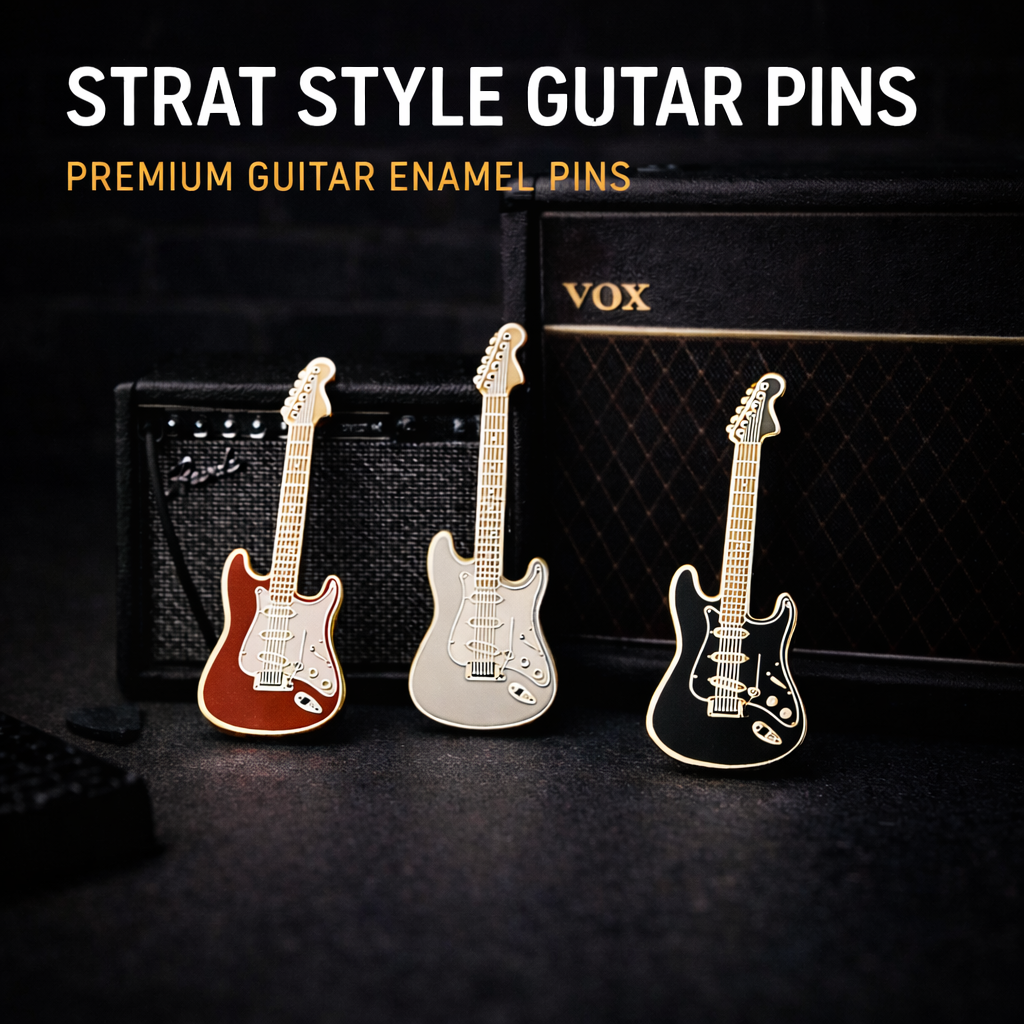 Strat style guitar enamel pin badge 52mm