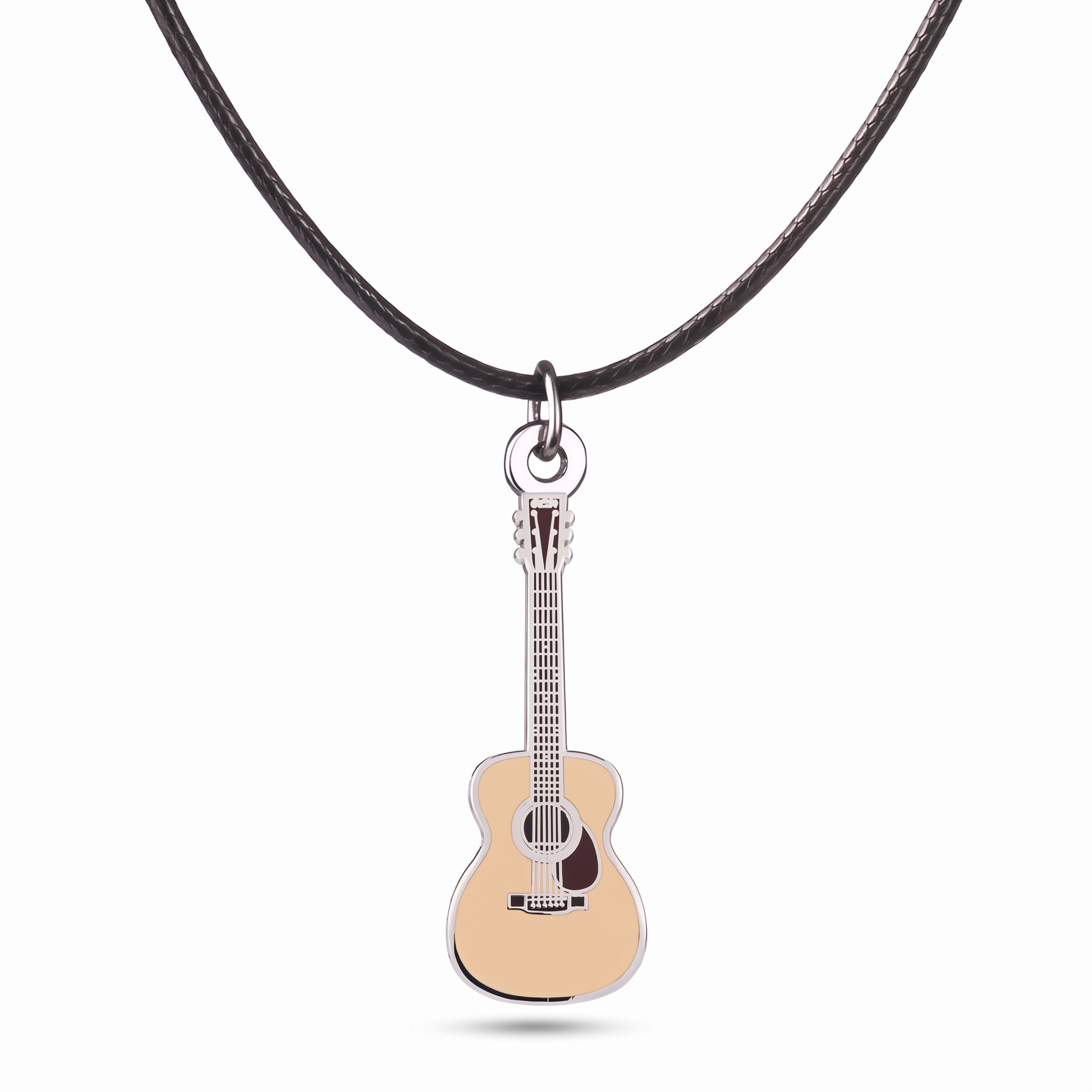 Martin-style Acoustic Guitar Necklace – 40mm Guitar Pendant with 46cm Black Faux Leather Cord