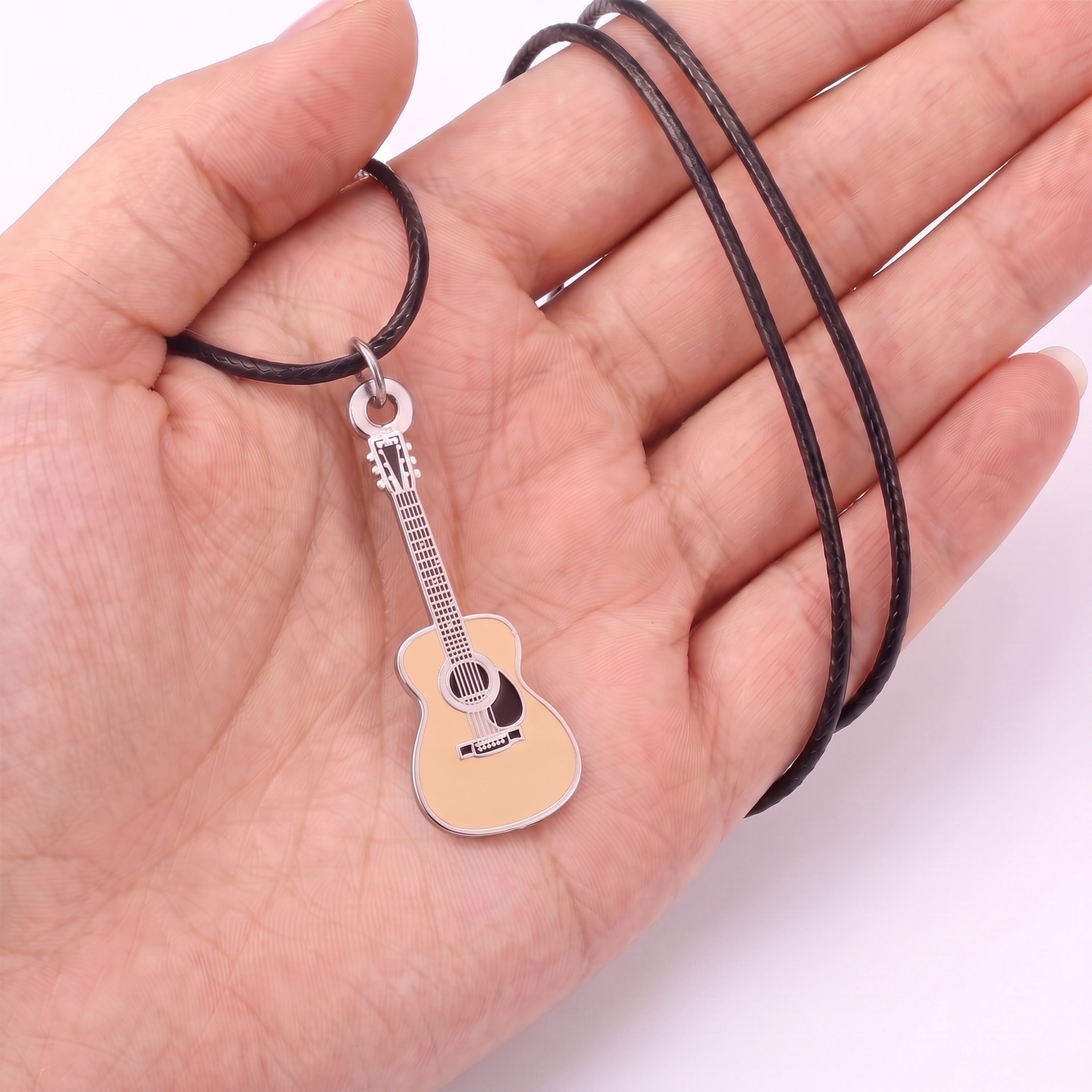 Martin-style Acoustic Guitar Necklace – 40mm Guitar Pendant with 46cm Black Faux Leather Cord