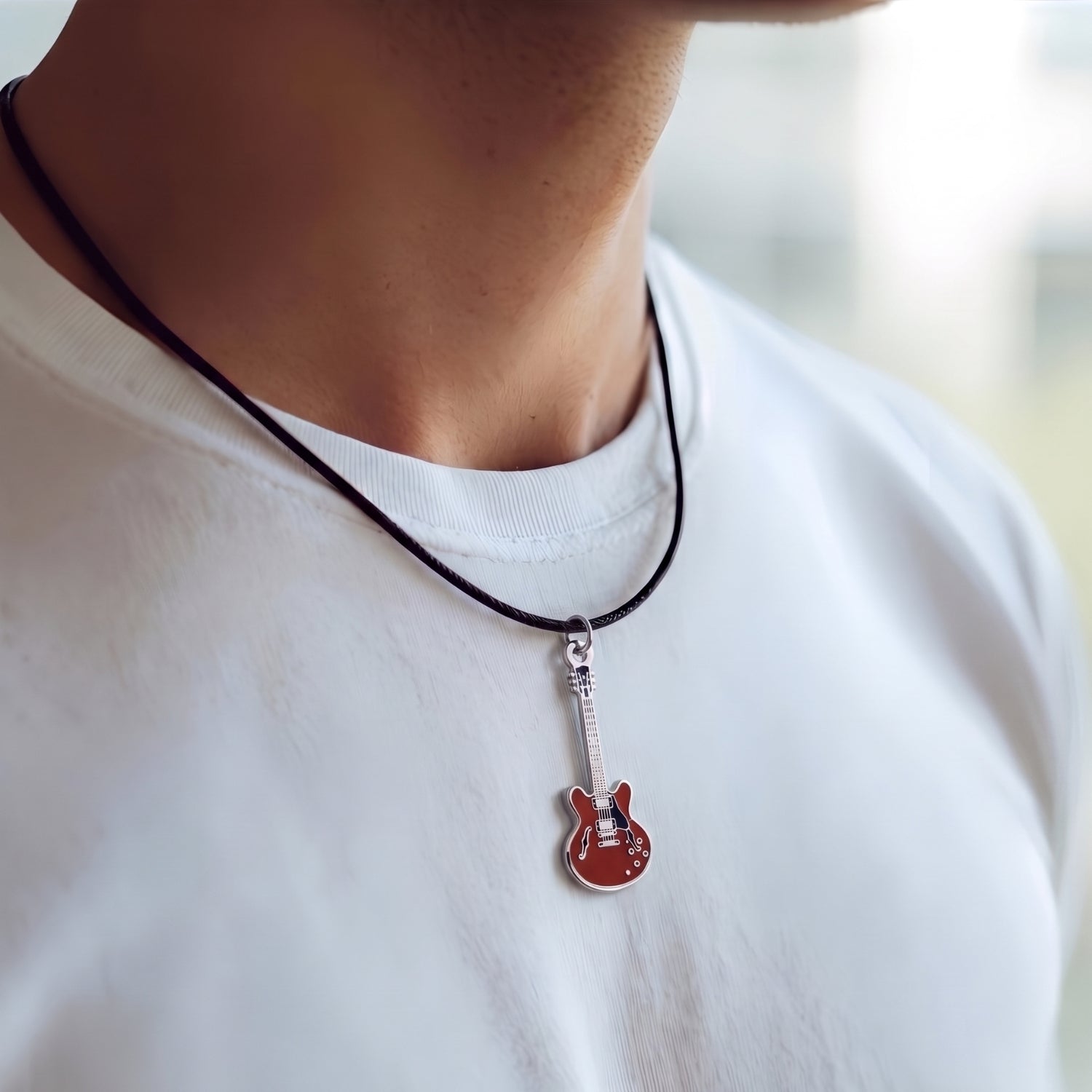 335-Style Guitar Necklace – 40mm Guitar Pendant with 46cm Black Faux Leather Cord