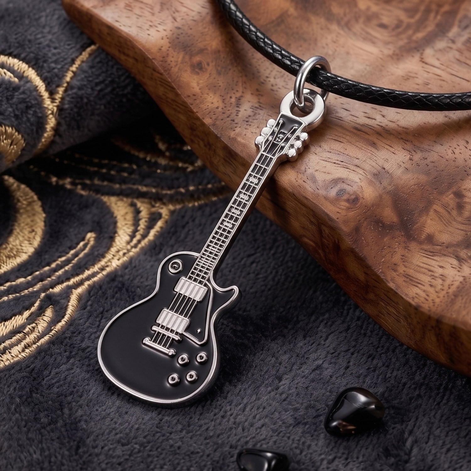 Black Les Paul-Style Guitar Necklace – Electric Guitar Pendant with 46cm Faux Leather Cord