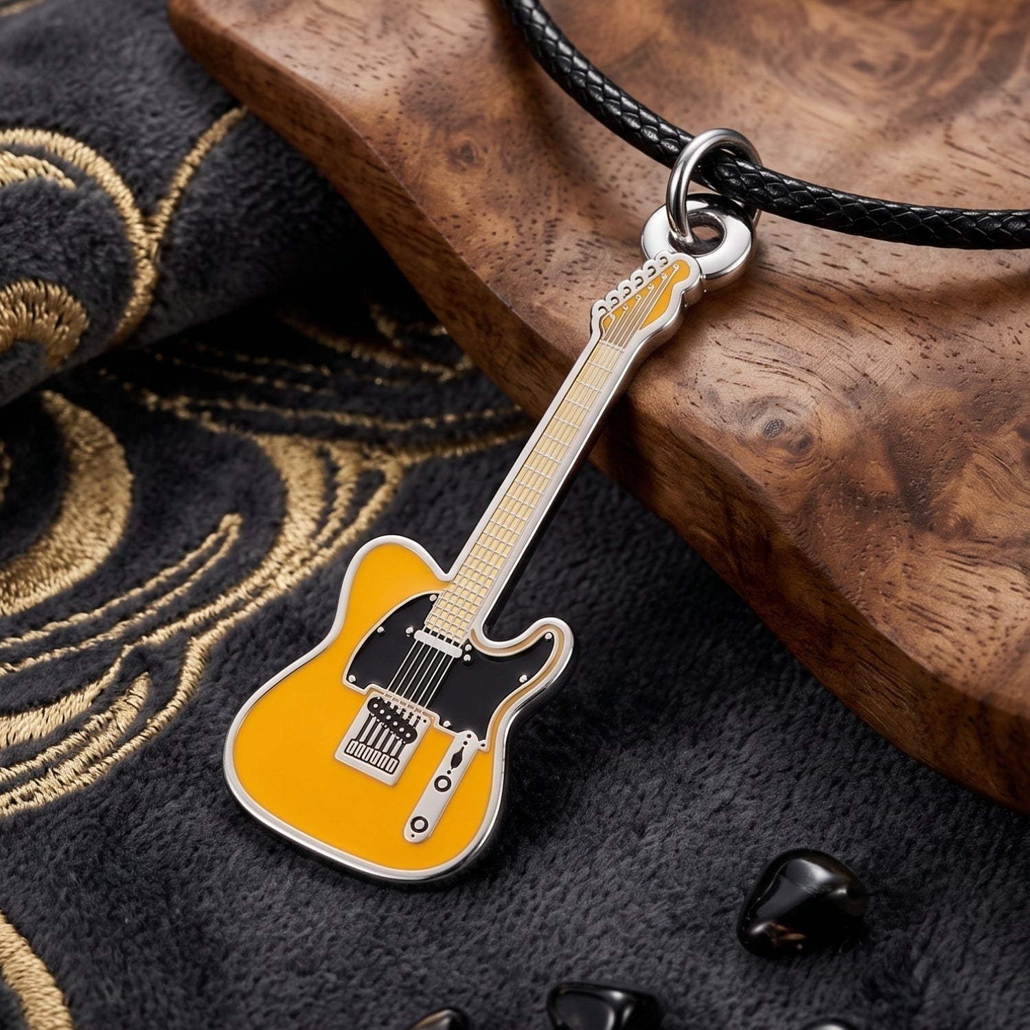 Keith Richards Tele-Style Guitar Necklace – 40mm Guitar Pendant with 46cm Black Faux Leather Cord