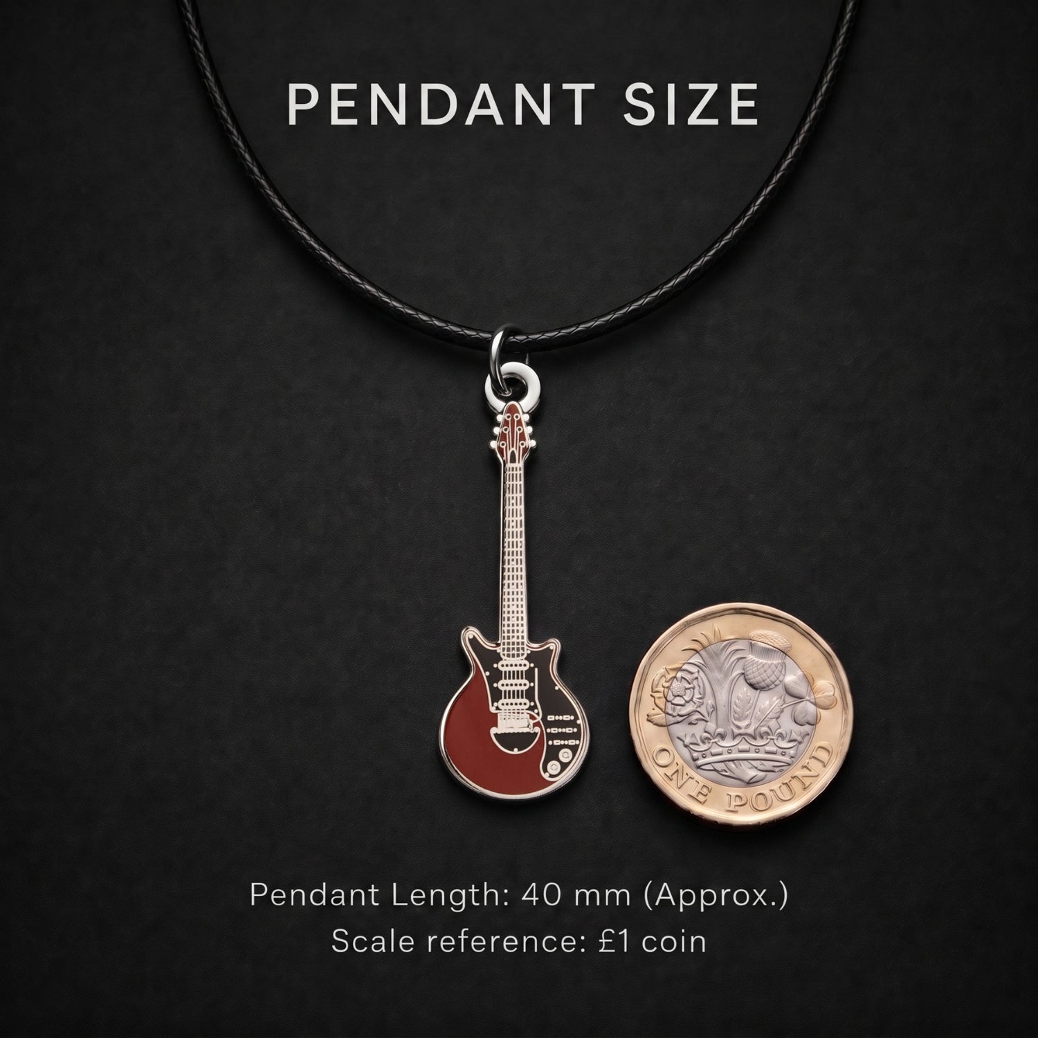 Brian May "Red-Special" Guitar Necklace – 40mm Guitar Pendant with 46cm Black Faux Leather Cord
