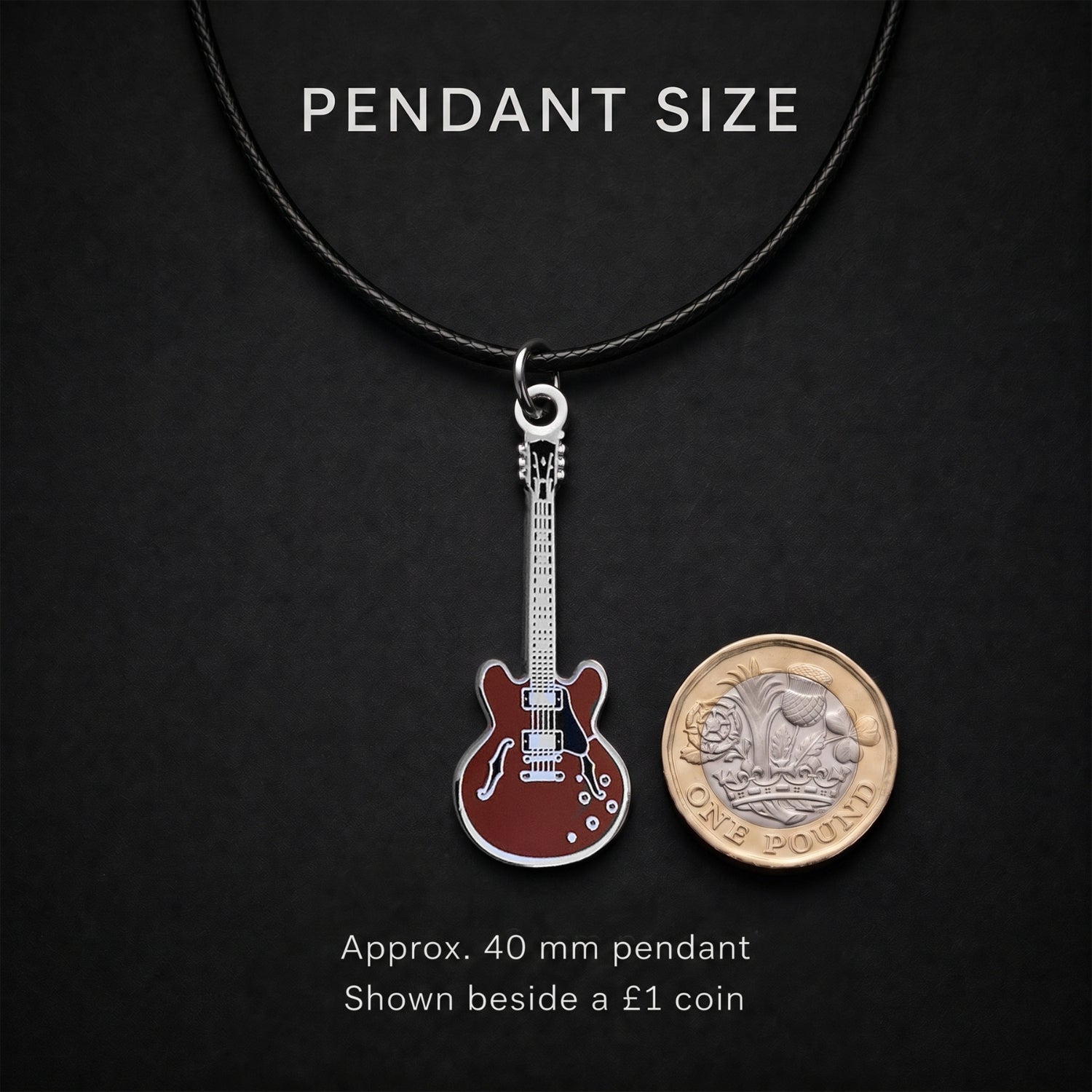 335-Style Guitar Necklace – 40mm Guitar Pendant with 46cm Black Faux Leather Cord