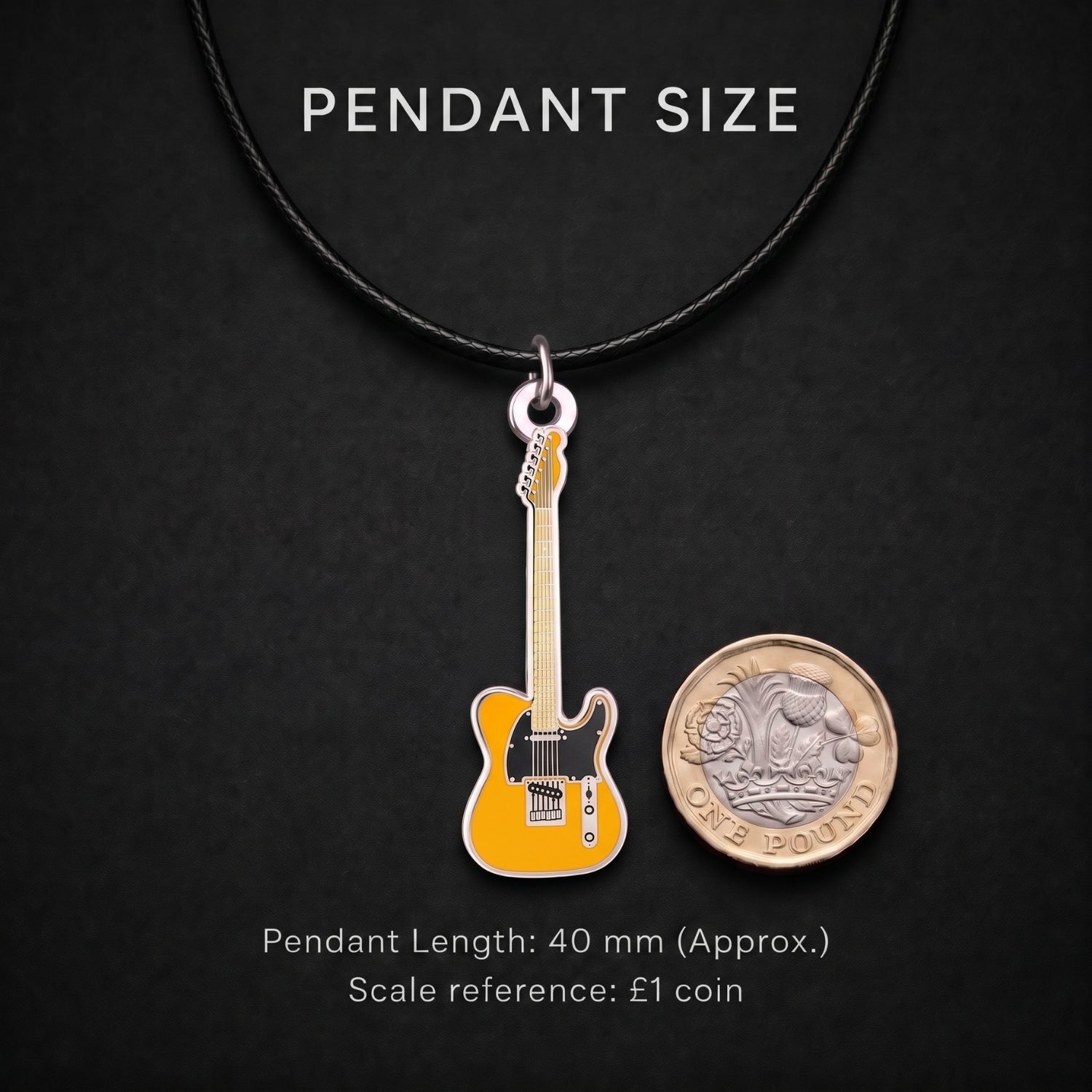 Keith Richards Tele-Style Guitar Necklace – 40mm Guitar Pendant with 46cm Black Faux Leather Cord