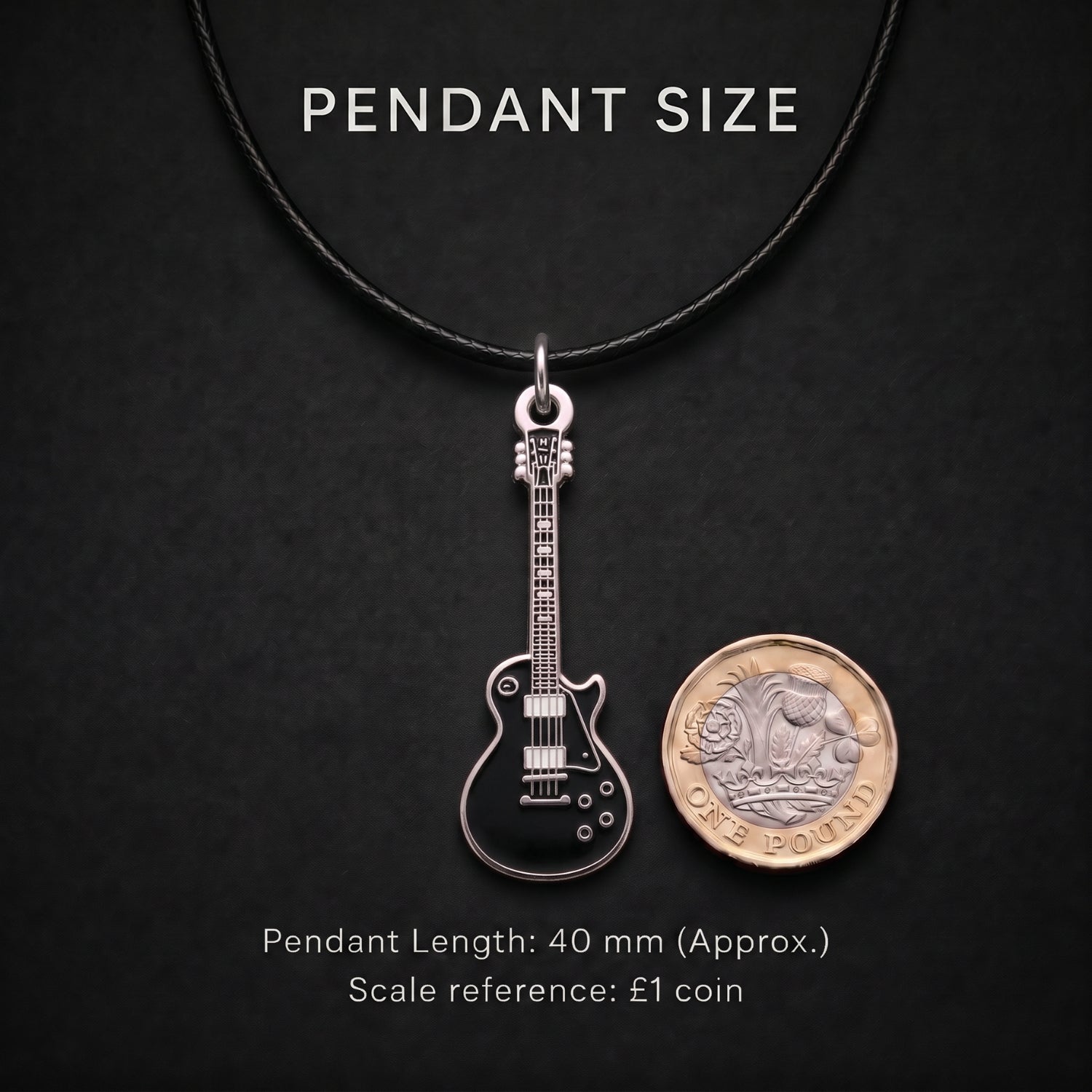 Black Les Paul-Style Guitar Necklace – Electric Guitar Pendant with 46cm Faux Leather Cord