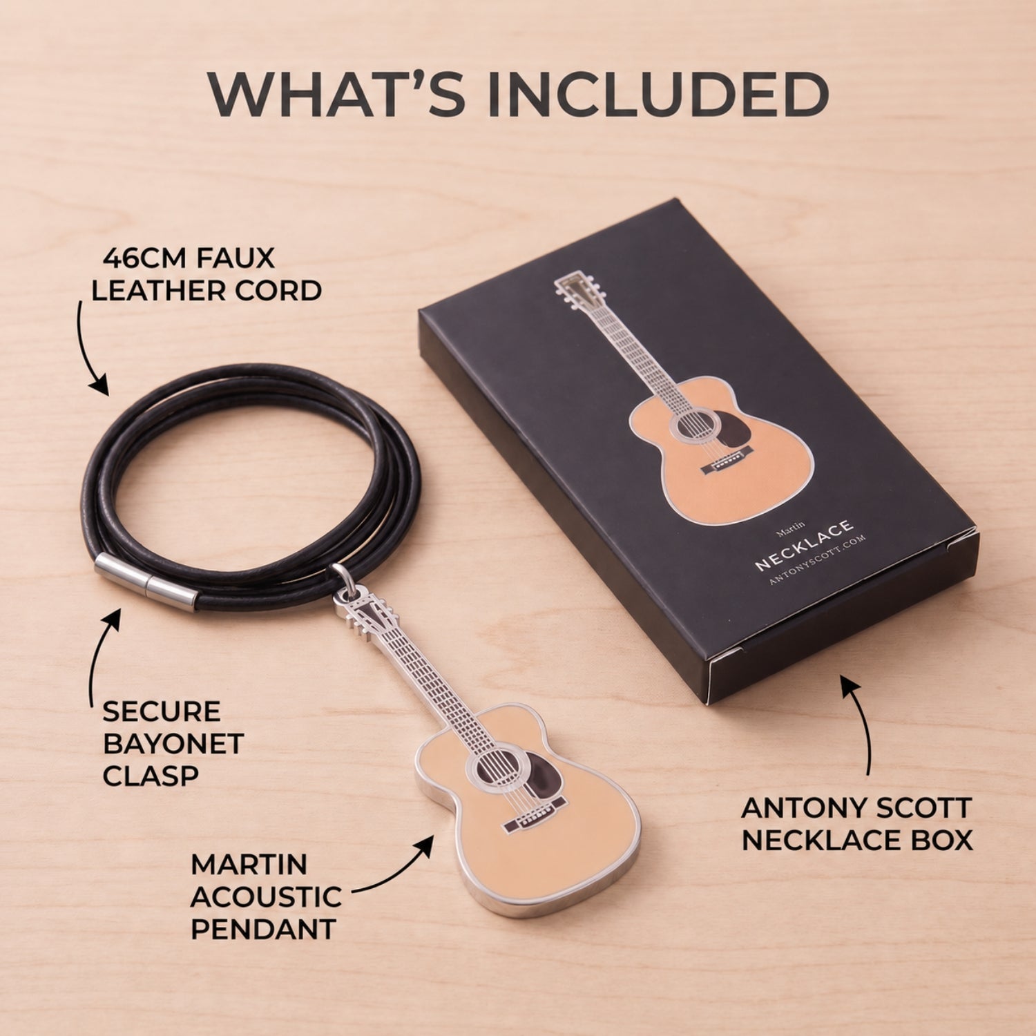 Martin-style Acoustic Guitar Necklace – 40mm Guitar Pendant with 46cm Black Faux Leather Cord