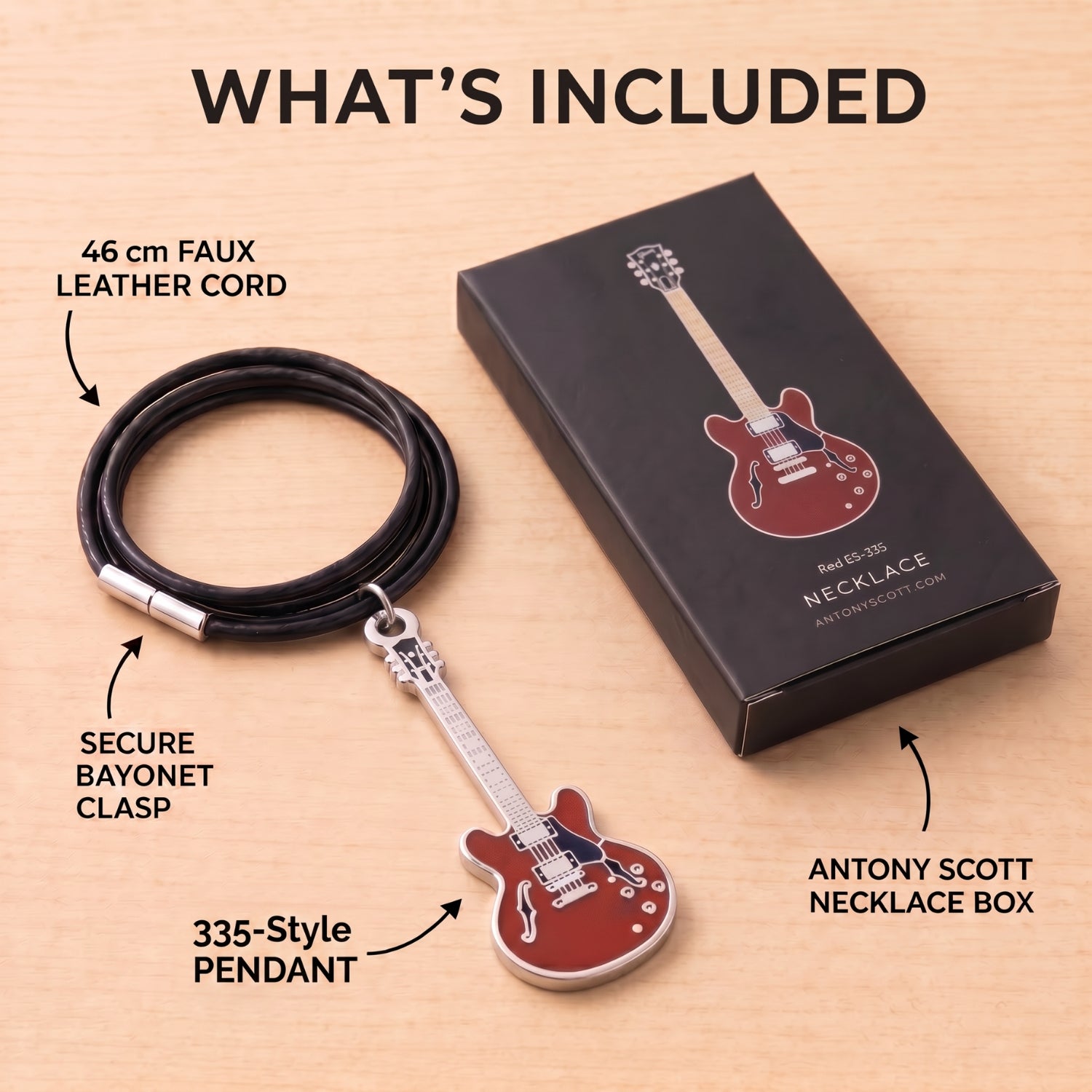 335-Style Guitar Necklace – 40mm Guitar Pendant with 46cm Black Faux Leather Cord