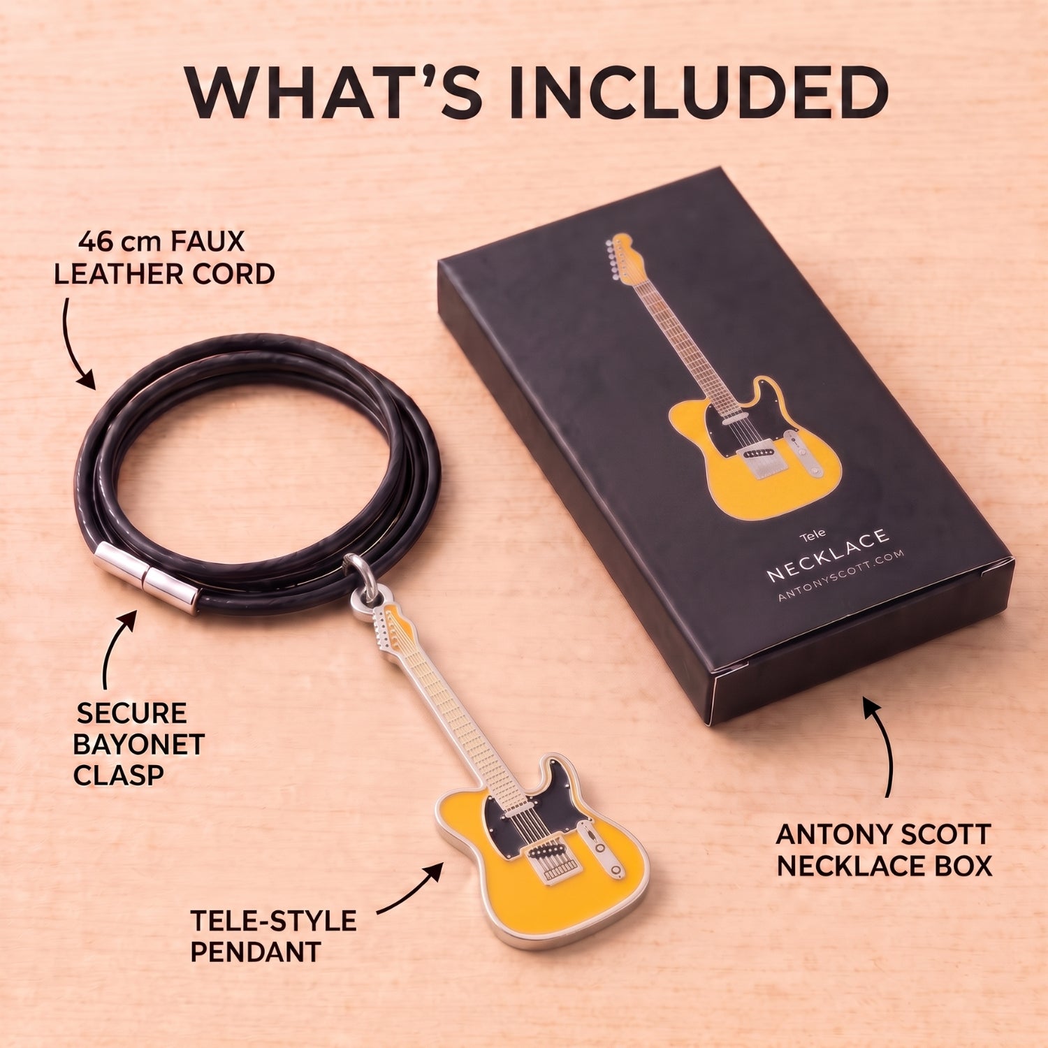 Keith Richards Tele-Style Guitar Necklace – 40mm Guitar Pendant with 46cm Black Faux Leather Cord