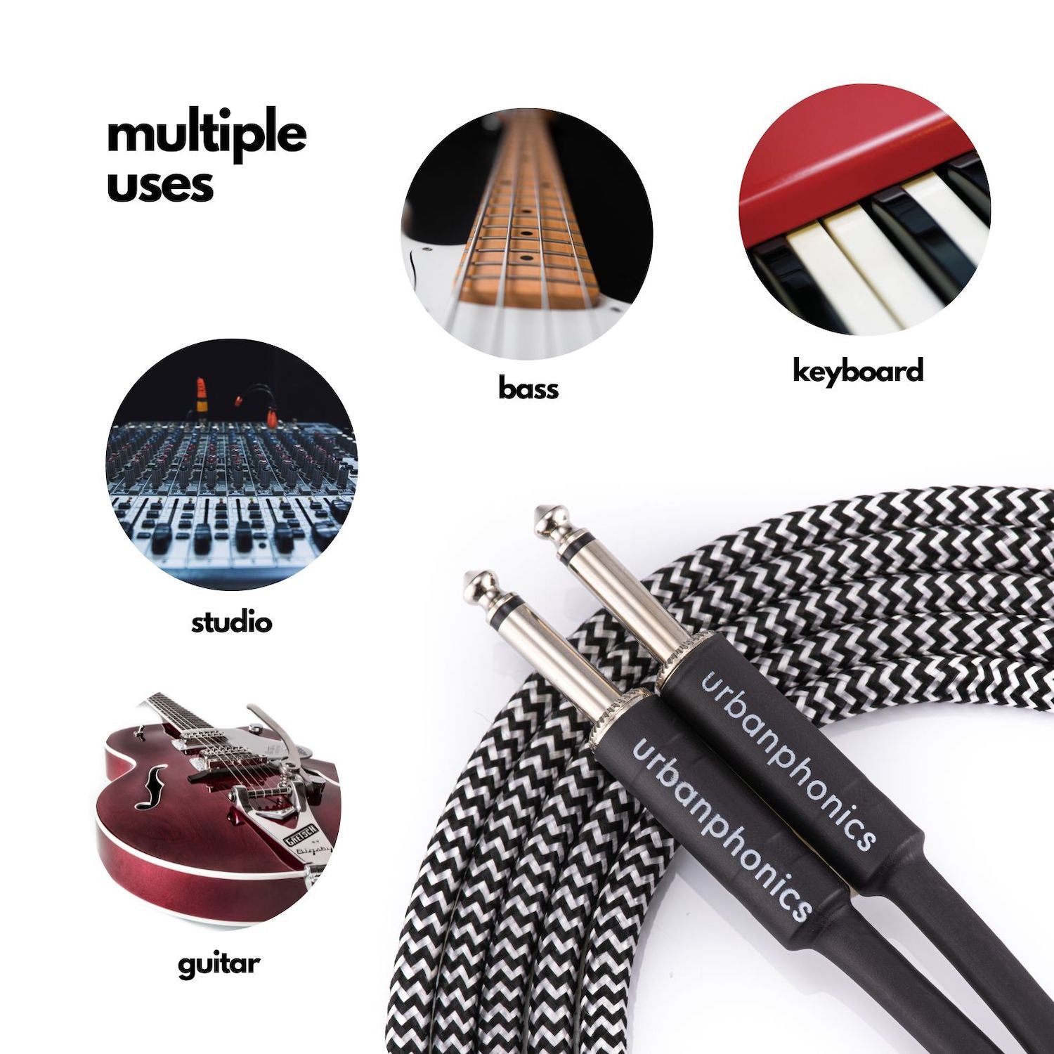 Urbanphonics Instrument Cable - Black & White Tweed
