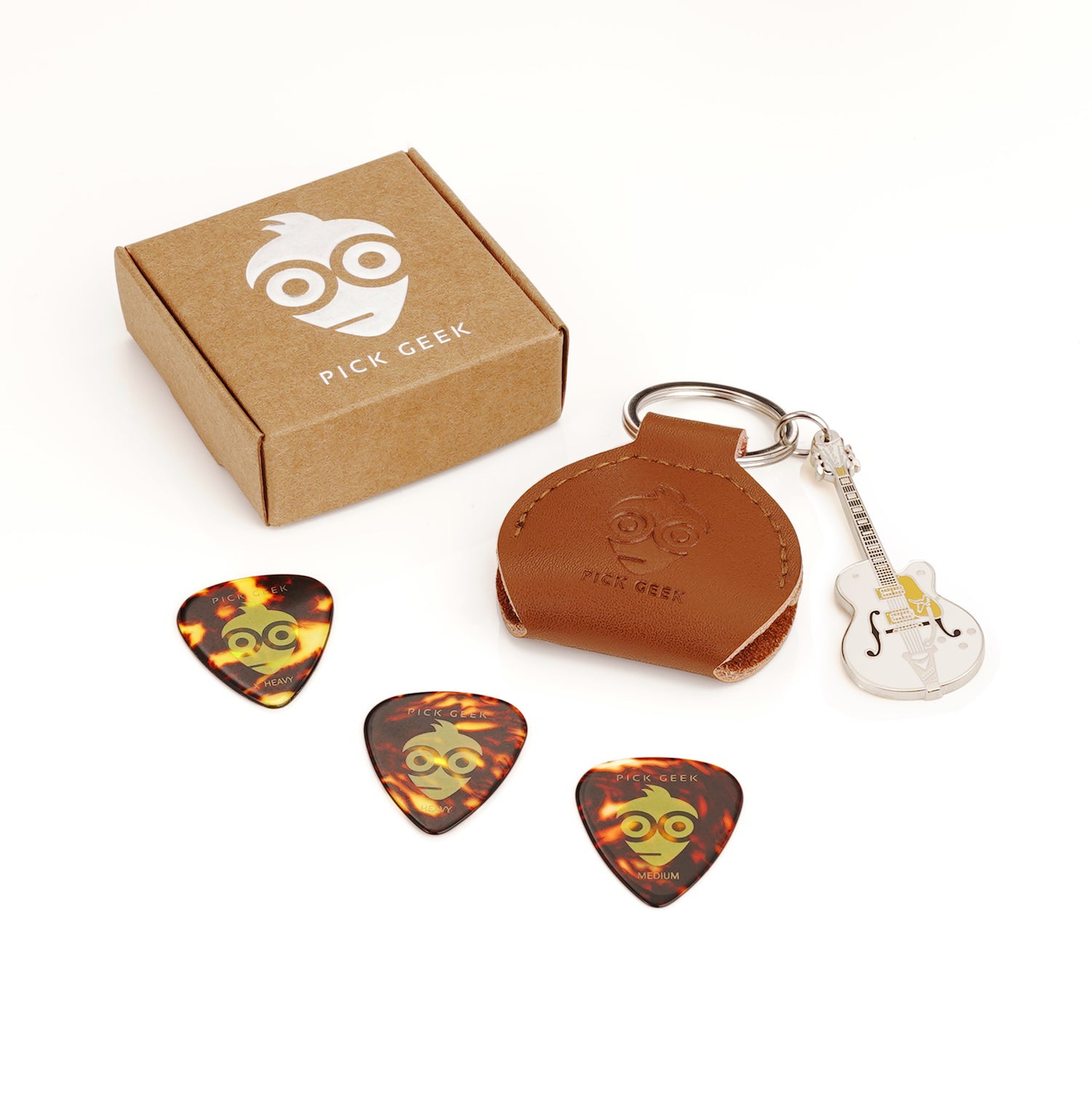 Pick Geek White Falcon-Style Guitar Keyring - Mini Guitar Gift