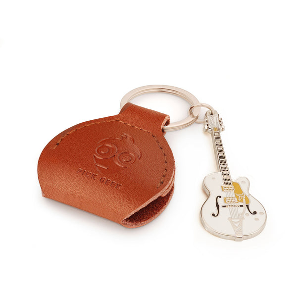 Pick Geek White Falcon-Style Guitar Keyring - Mini Guitar Gift